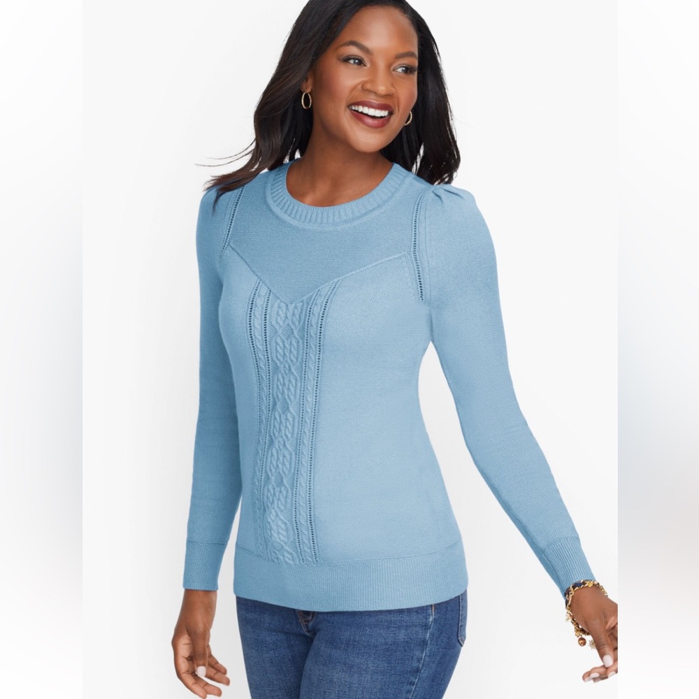 Talbots Cableknit Detail Pointelle Sweater Blue Size Medium